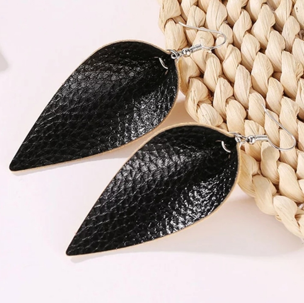 Vegan Leather Light Weight Leaf Teardrop Earrings